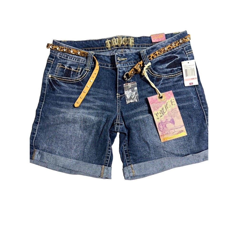 NWT Truce Juniors Denim Shorts Size 13 Blue Rhinestone Embellished Leopard Y2K